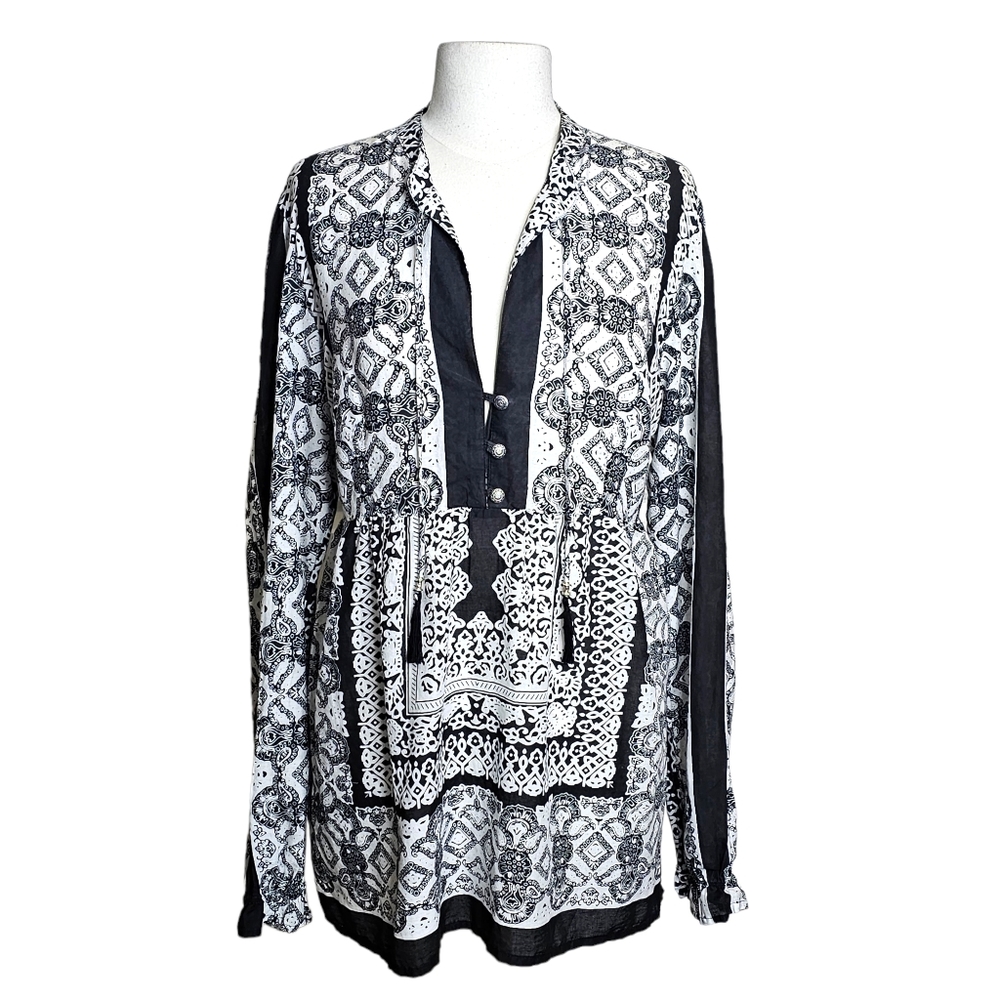 Prana Vintage Paisley Geometric Printed Black White Tunic Size XL